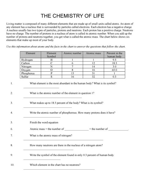 Chemistry Of Life Review Worksheet
